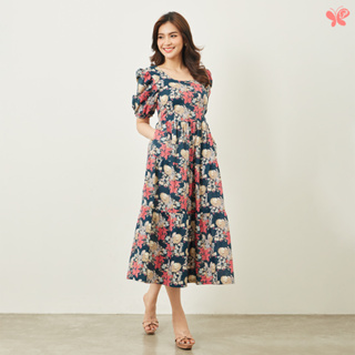 Woman Puff Sleeves Firework Dress เดรสคอเหลี่ยมแขนพอง จากผ้าป่าน Extra Fine Cotton Lawn เนื้อผ้าบางเบา ใส่สบาย