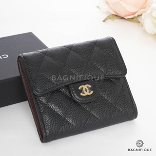 NEW CHANEL TRI FOLD WALLET SHORT BLACK CAVIAR GHW