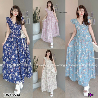 TT18534 เดรสยาวแขนกุด ไหล่ระบาย ลายดอกไม้ Long sleeveless dress with ruffled shoulders, floral print