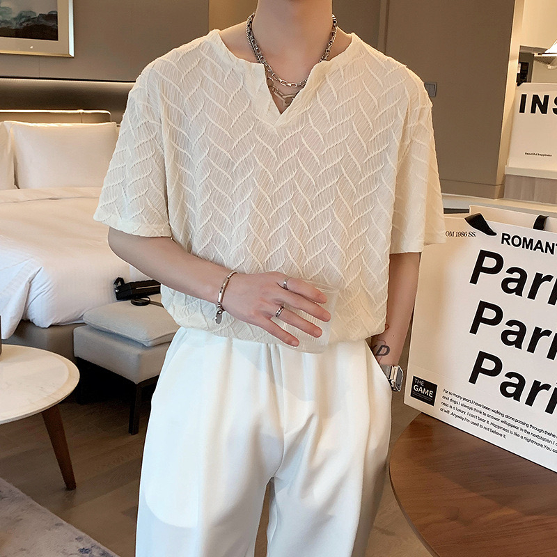 เสื้อยืดคอกลม แขนสั้น คอวี ลายวี สไตล์เกาหลี มินิมอล TT78