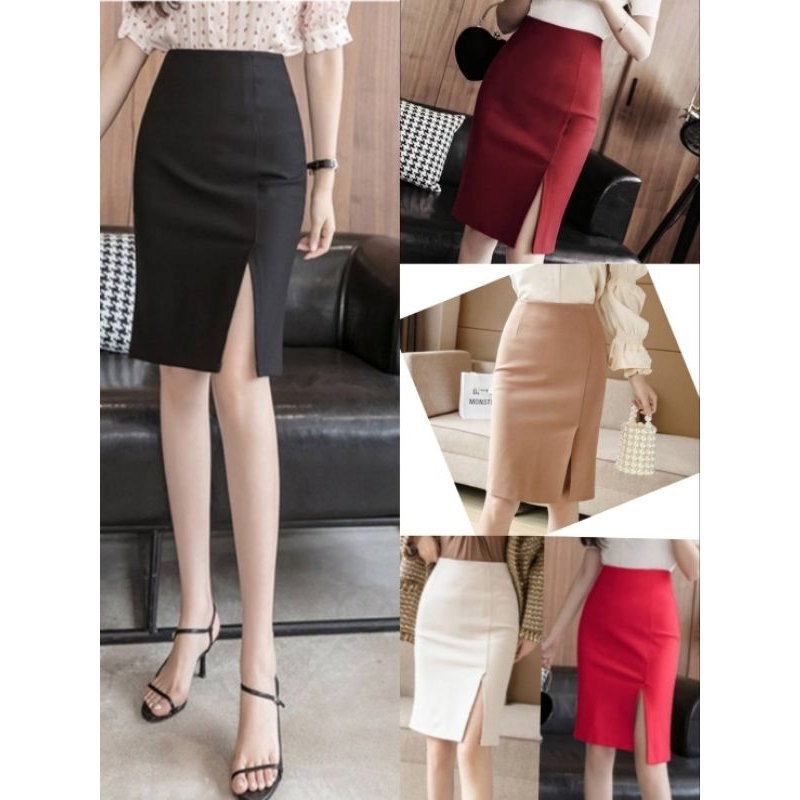 กระโปรงทำงาน​ทรงดินสอ​ ยาวคลุมเข่า​ ผ่าหน้าติดกระดุม (SS-3XL)