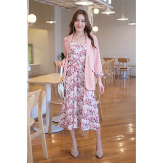 Floral Blazer Set Dress ชุดเซท2ชิ้น เสื้อสูทเบรเซอร์+เดรสยาวพิมพ์ลายดอก จับเซทคู่กันสไตล์สาวเกาหลี