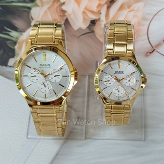 นาฬิกาคู่รัก Casio รุ่น MTP-V300G-7Aและ LTP-V300G-7A สายแสตนเลสสีทอง หน้าปัดขาว -  ของแท้ 100% รับประกันสินค้า 1 ปี