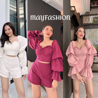 MAYFASHION งานเซต2ชิ้นผ้าคอตตอนลินินเสื้อแขนพองตุ๊กตา3ชั้น สมอคหลัง อกตีเกล็ดแต่งระบายกางเกงขาสั้นขาบานใส่สบายมาก