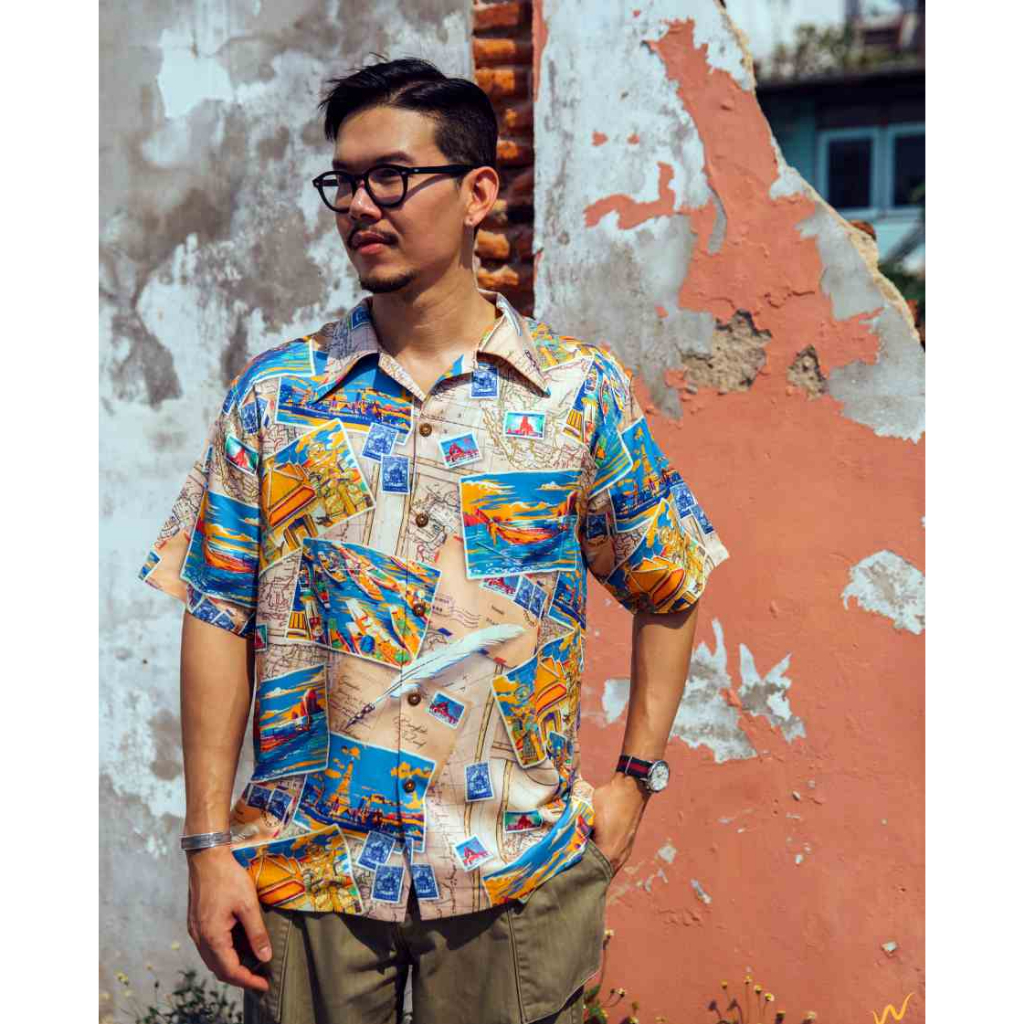 เสื้อเชิ๊ต ลายโปสการ์ดยักษ์ ท่องเที่ยว แบรนด์ Windwear ผ้าเรยอน Memories of Thailand Beige