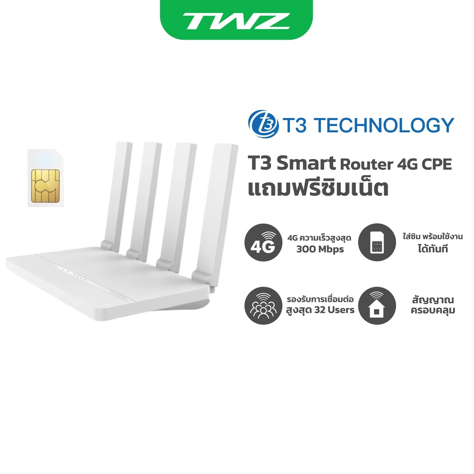 T3 Smart 4G CPE เราน์เตอร์กระจายสัญญาณไวไฟ เแถมฟรีซิมเน็ต รับประกัน 1 ปี