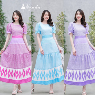 🌍Nunda Style🌍 เดรสผ้าลายไทยแขนตุ๊กตา ดึงย่างเอวหลังคะ กระโปรงงานตัดต่อ มาพร้อมเชือกผูกเอว