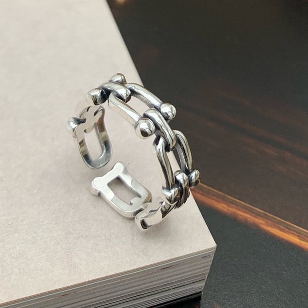 แหวนเงินแท้ 925 Seiko แหวนแฟชั่นรูปเกือกม้าเปิดรูปตัว U สำหรับผู้ชายและผู้หญิงสไตล์เดียวกัน