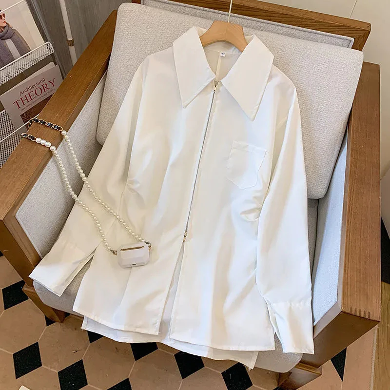 เสื้อเชิ้ตแขนยาวผู้หญิง Oversize เสื้อดีไซน์ใหม่มีซิปและคอปกขนาดใหญ่ เสื้อผ้าแฟชั่นโอเวอร์ไซส์เกาหลี ทรงหลวม ยาวปานกลาง thumbnail 8
