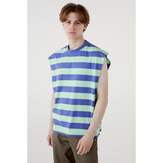 (LEISURE PROJECTS)  GIANT STRIPE LOW CUT SLEEVELESS T-SHIRT เสื้อยืดเเขนกุดทรง oversize วงเเขนเเบบลึกพิเศษ