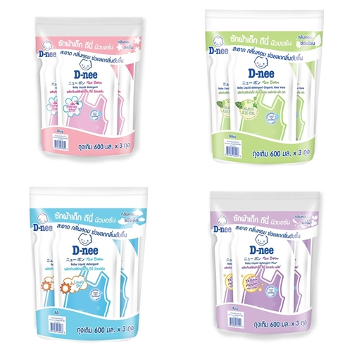(4 กลิ่น) D-nee Newborn Baby Liquid Detergent ดีนี่ นิวบอร์น ผลิตภัณฑ์น้ำยาซักผ้าเด็ก 600 มล.*3 ถุง