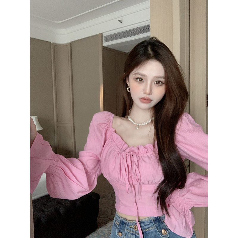 เสื้อครอป คอเหลี่ยม น่ารัก เซ็กซี่ สีชมพู สีเบจ สีขาว สไตล์เกาหลี สตรีท คาเฟ่