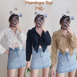 เสื้อครอปคอปกแขนยาว แต่งระบายฟรุ้งฟริ้งๆ งานสั่งตัดนำเข้า Flamingo Top