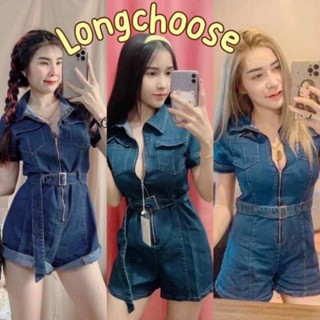 jeans jumpsuit จั้มสูทกางเกงขาสั้น ผ้ายีนส์ มีเข็มขัดให้ เข้าชุด ชุดใส่ไปคาเฟ่ ภูเขา ชุดจั้มหมี งานตามหา ยีนส์เข้ม