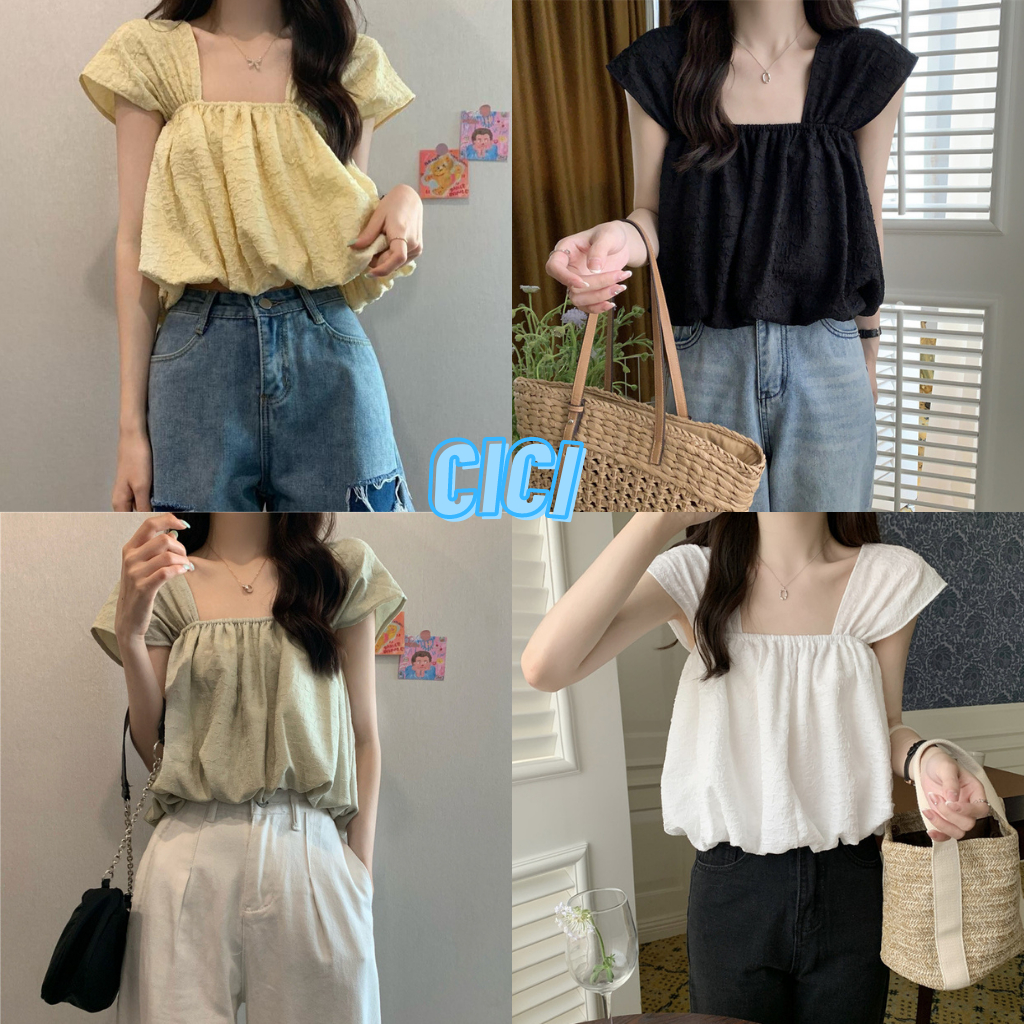ส่งทันที Cici(NO. New-Y08)เสื้อครอปPopcornสีพื้น สม็อคช่วงอก เนื้อผ้าเบาบางใส่แล้วสบาย