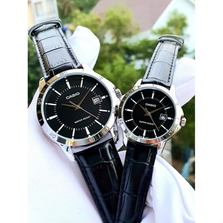 นาฬิกาคู่รัก Casio รุ่น MTP-V004L-1A ,LTP-V004L-1A นาฬิกาสายหนังสีดำ หน้าปัดดำ -ของแท้ 100% รับประกันสินค้า 1 ปี