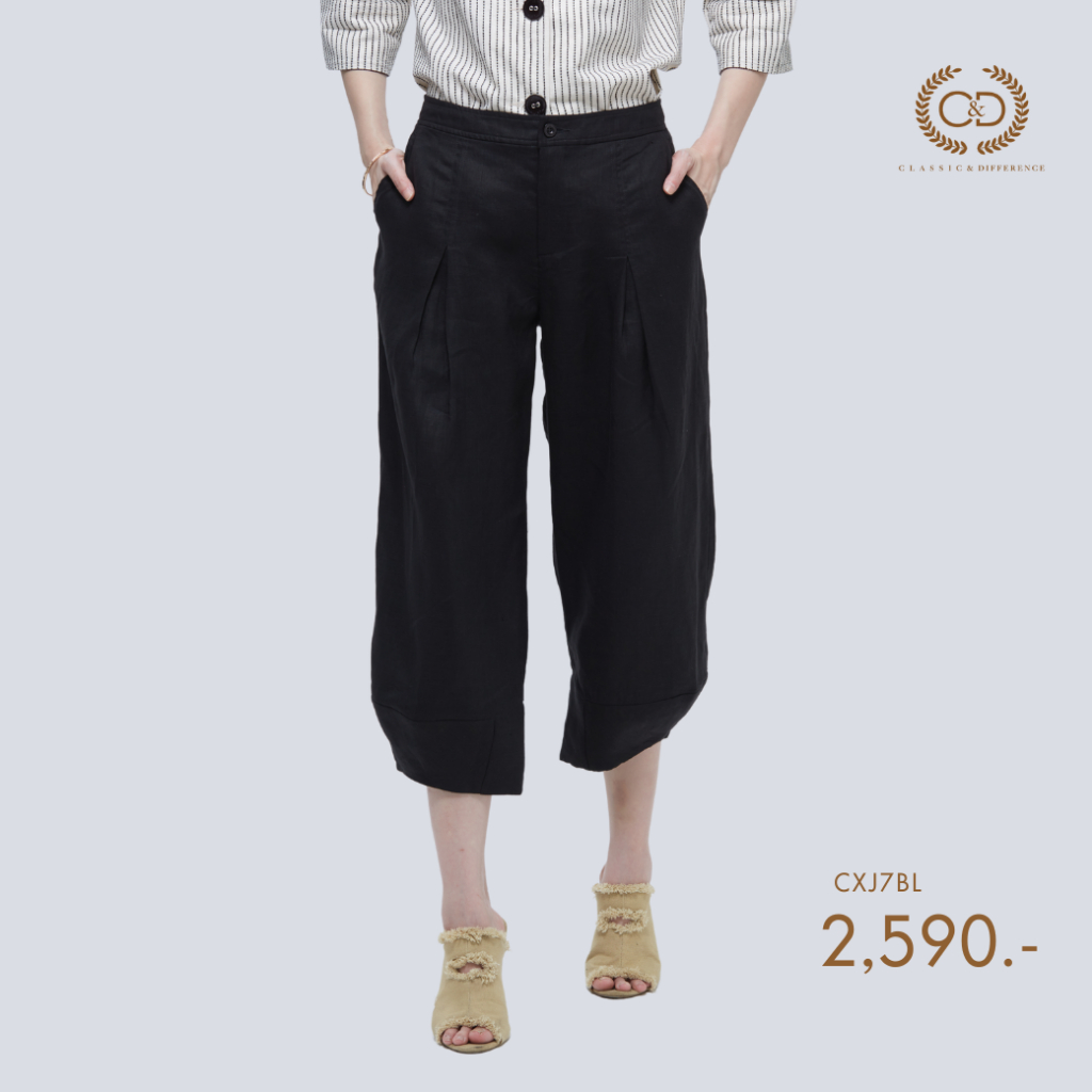 C&D กางเกง ขายาว ผ้าลินิน Linen Premium Big jinny pants ขาห้าส่วน สีดำ CXJ7BL