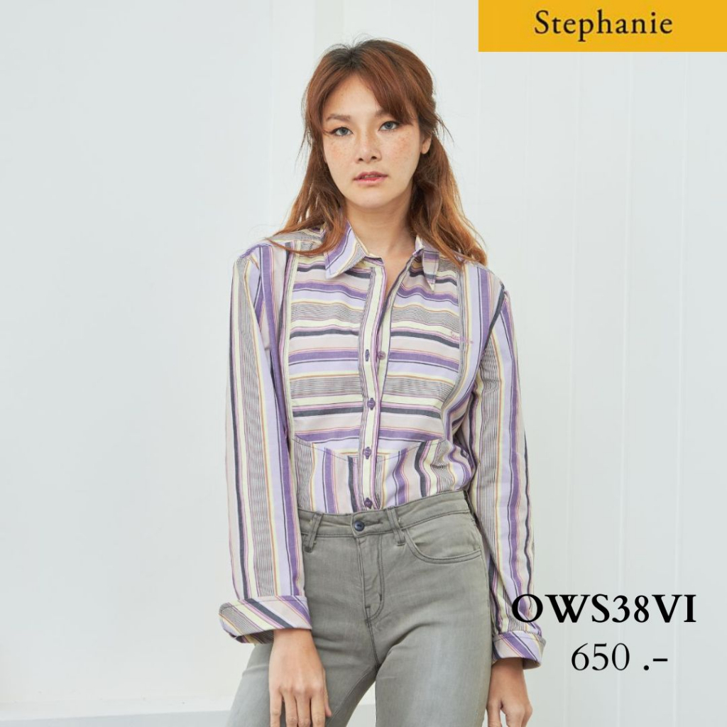 GSP Stephanie เสื้อมีปก แขนยาว ลายทางสีม่วง (OWS38VI)