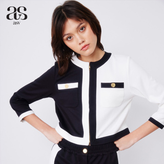 [asv ss23] Elizabeth B&amp;W Cropped Jacket เสื้อแจ็คเก็ตผู้หญิง แขนยาว คอกลม ตัดต่อผ้า แต่งกระเป๋าหน้า แต่งกระดุมหน้า