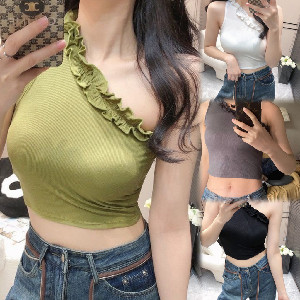 356#เสื้อกั๊กเชือกเดี่ยว เปิดไหล่ แต่งระบาย เซ็กซี่ ทรงพิเศษ ใส่ได้หลายแบบ น่ารักไม่ซ้ำใคร（มี 4 สี）