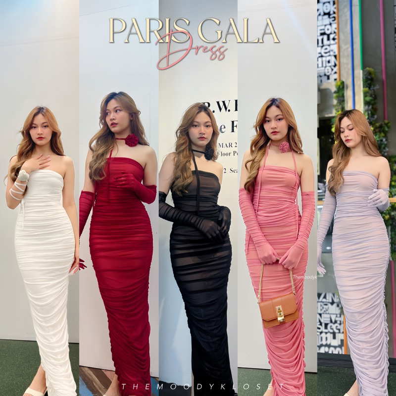 Paris Gala เดรสออกงานตัวยาว มีถุงมือกับดอกกุหลาบพันคอ!! ซับในทั้งตัว ผ้าดีมากๆ ตรงอกเป็นยางยืด