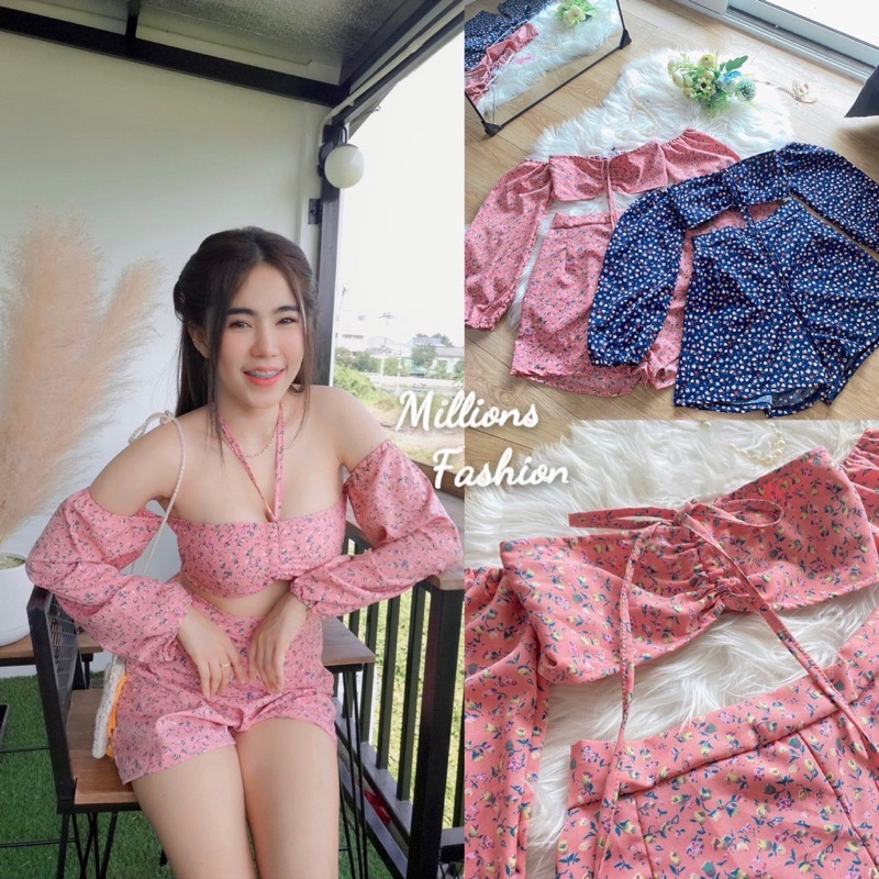 mnv_shop งานเซ็ท2ชิ้น ผ้าไหมอิตาลี เสื้อแขนยาวปาดไหล่มาพร้อมกางเกงขาสั้น ทรงสวย ใส่ไปเที่ยวคาเฟ่แบบปังๆค่า