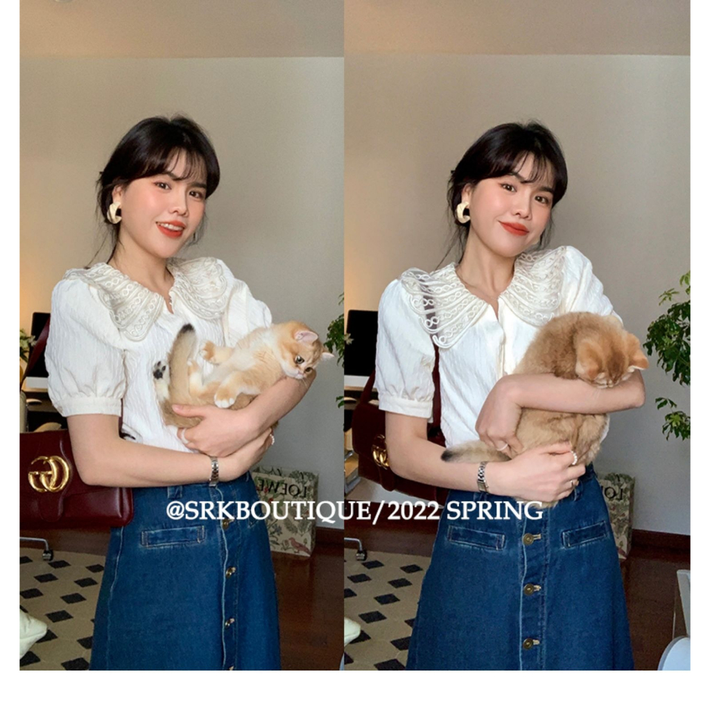 ล้างสต็อก🔥 PBB2919 เสื้อเชิ้ตดูแพงแขนพัฟกระดุมหน้าคอปกแต่งลูกไม้ผู้หญิง เสื้อแฟชั่นสไตล์ฝรั่งเศสวินเ