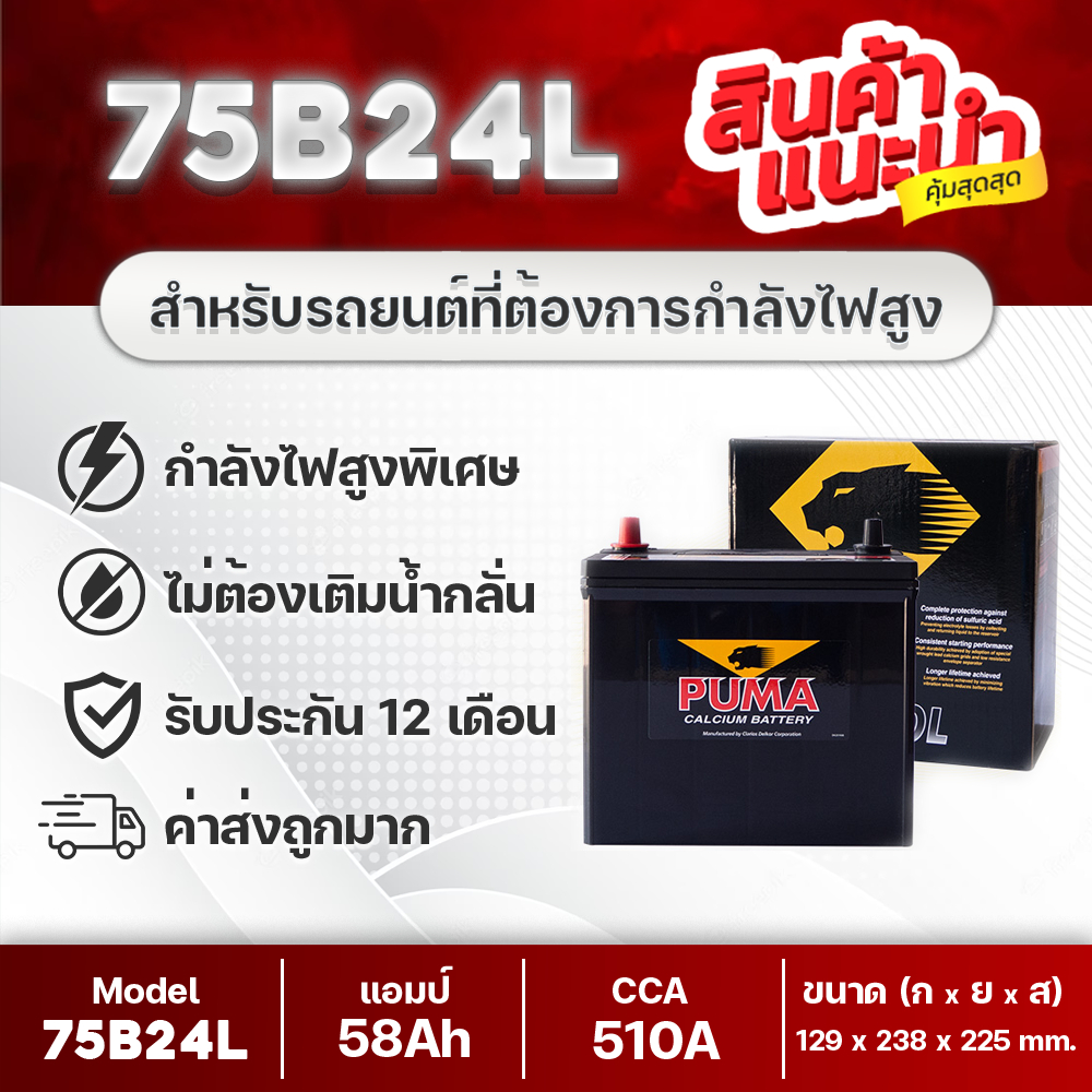 PUMA 75B24L-SMF CCA สูงพิเศษ! 12V. 58Ah รถเก๋ง แอคคอร์ด,ซีวิค,วีออส,อัลติส,ยาริส,มาสด้า2,สวิฟท์,นีโอ