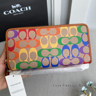 👑ผ่อน0%~แท้100%👑 กระเป๋าสตางค์ Coach CA218 Continental Wallet In Rainbow Signature Canvas