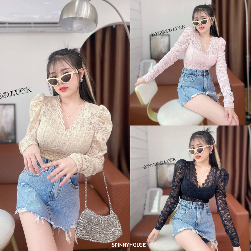 🌈Spinnyhousestudio🌈 เสื้อลูกไม้แขนยาว งานลูกไม้ผ้านิ่ม💕 ลูกไม้อกร่อง B-028-3-B