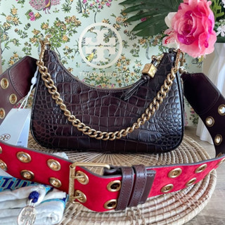🎀 (สด-ผ่อน) กระเป๋า 9 นิ้ว 139085 TORY BURCH 151 MERCER EMBOSSED SMALL CRESCENT BAG  สี DARK MAHOGANY