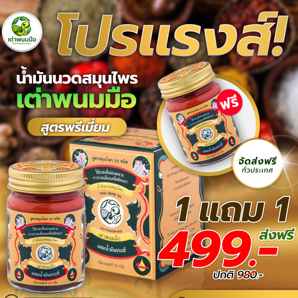 ยาหม่อง น้ำมันนวดสมุนไพร 20 ชนิด ตราเต่าพนมมือ แก้ปวดเมื่อย คลายเส้น ชื้อ1แถม1 (50g. 2 ขวด) พร้อมส่ง