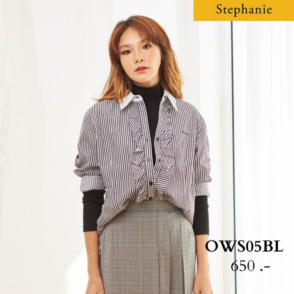 GSP Stephanie เสื้อมีปก แขนยาว ลายทางมีระบายด้านหน้า(OWS05BL)