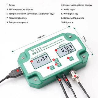 RCYAGO Tuya WiFi สมาร์ท PH Meter, ตู้ปลา น้ำดื่ม 6-in-1 PH/EC/TEMP/EC/SG/TDS Meter with Backlight