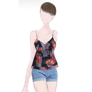เสื้อสายเดี่ยวคอวีพื้นดำลายพัดญี่ปุ่น
