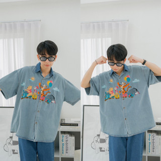 POOH JEANS SHIRT เสื้อเชิ้ตยีนส์แขนสั้นทรงโอเวอร์ไซส์