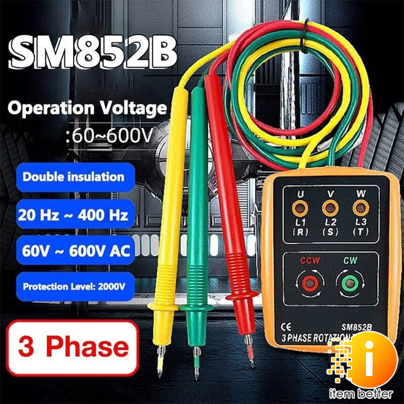 มิเตอร์วัดเฟสไฟฟ้า เครื่องวัดเฟสไฟฟ้า 3เฟส แสดงผลด้วยไฟ LED รุ่น SM852B Indicator Detector Meter 3Phase Rotation Tester