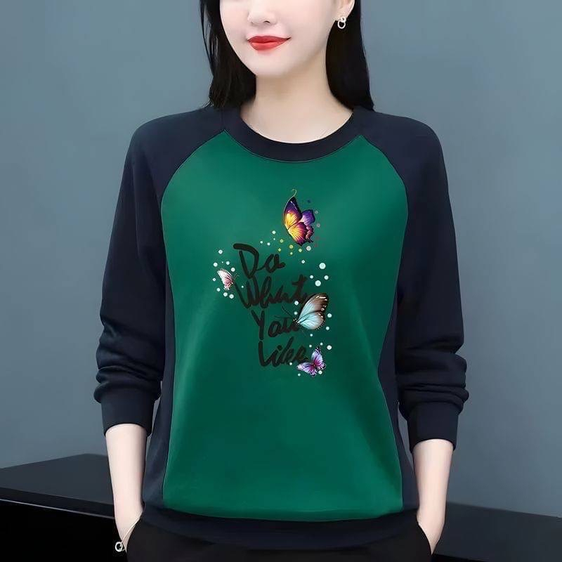 รุ่น-220 เสื้อผู้หญิงมาใหม่คอกลมแขนยาวลายสกรีนผีเสื้อต่อ2 สี.สไตล์เกาหลีผ้านิ่มสวมใส่สบายพร้อมส่ง