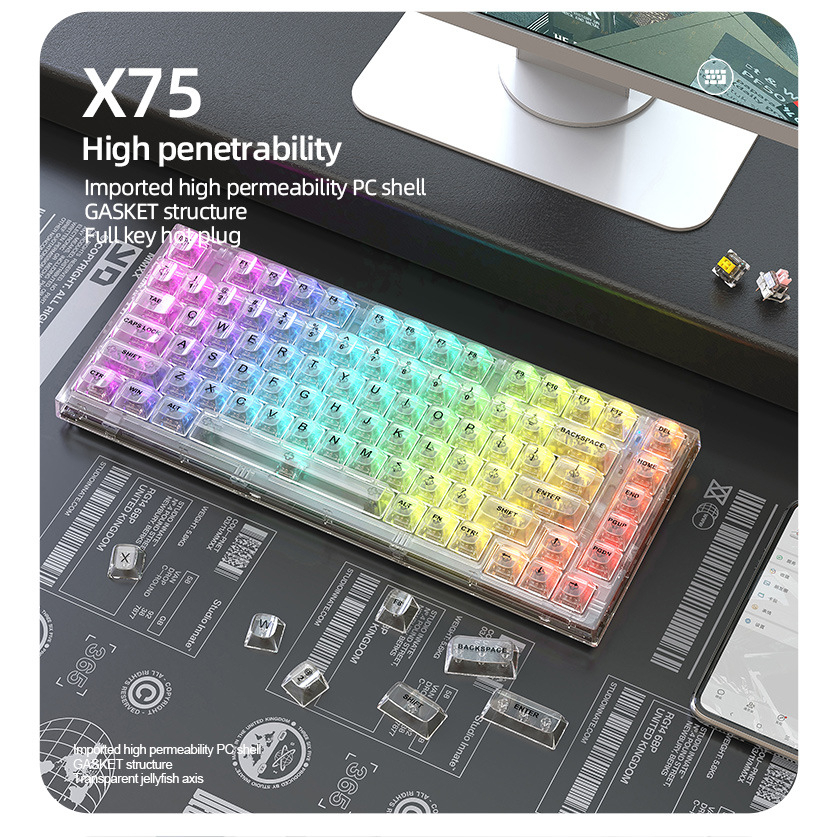 ของแท้ XINMENG X75 RGB Mechanical keyboard คีบอร์ดเกมมิ่งโปร่งใส คีย์บอร์ดเชิงกลแบบมีสาย แป้นพิมพ์คอ