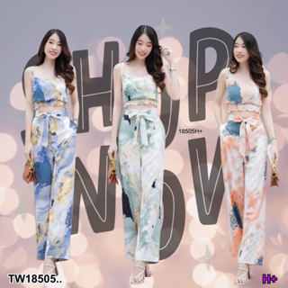 TwinsShopVip💗พร้อมส่ง TW18505 set 2 ชิ้น เสื้อครอปสายเดี่ยวลายมาเบิ้ล + กางเกงขายาวผูกโบว์เอว ..