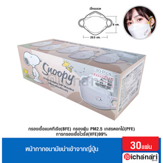 หน้ากากอนามัยสนูปี้ BFE,PFE,VFE99% (ทรงKF94) หน้ากากขาว สายคละสี นำเข้าจากญี่ปุ่น สำหรับผู้ใหญ่ 30 ชิ้น