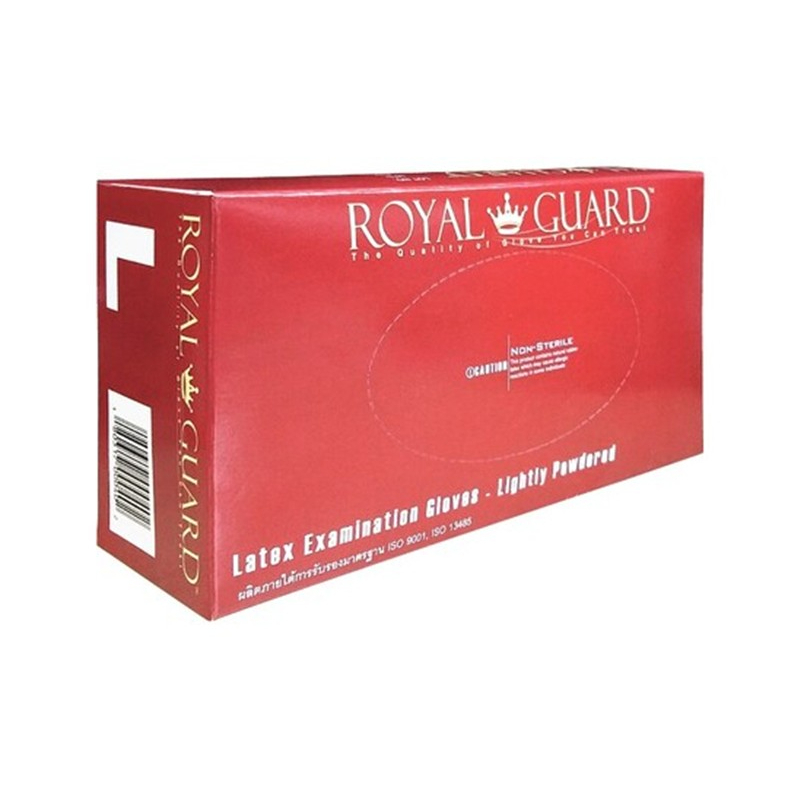 ถุงมือยางธรรมชาติแบบ(มีแป้ง/ไม่มีแป้ง) ยี่ห้อ Royal Guard 1 กล่อง บรรจุ 100 ชิ้น