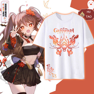 Genshin Impact HuTao เกมเสื้อขาวเสื้อยืด แฟชั่นพิมพ์ลาย