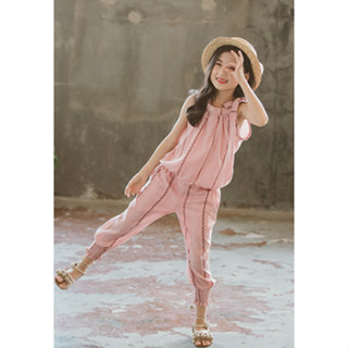 🌻พร้อมส่ง🌻ชุดเซ็ตเด็กหญิงเสื้อแขนเว้าโชว์ไหล่พร้อมกางเกงขายาวจั๊ม ชุดเด็กผู้หญิงฤดูร้อน