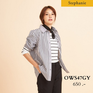 Stephanie เสื้อมีปก แขนยาว ลายทางสีเทาขาว (OWS47GY)