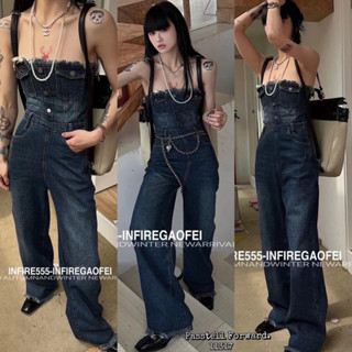 🇰🇷New🇰🇷  Korea denim strapless jumpsuit JSยีนเกาะอก ผ้ายีนฟอกสีสวยมากก ดีเทลด้านหลังแต่งร้อยเชือก