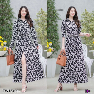 MM18499 แม็กซี่เดรสเชิ้ตกระดุมหน้าพิมพ์ลาย ผูกเอว .Maxi dress, shirt, front buttons, printed pattern, tied at the waist.