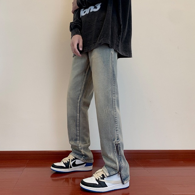 กางเกงยีนส์ผู้ชายทรงกระบอก zipper jeans g90 กางเกงยีนส์มินิมอล เกาหลี y2k มาใหม่