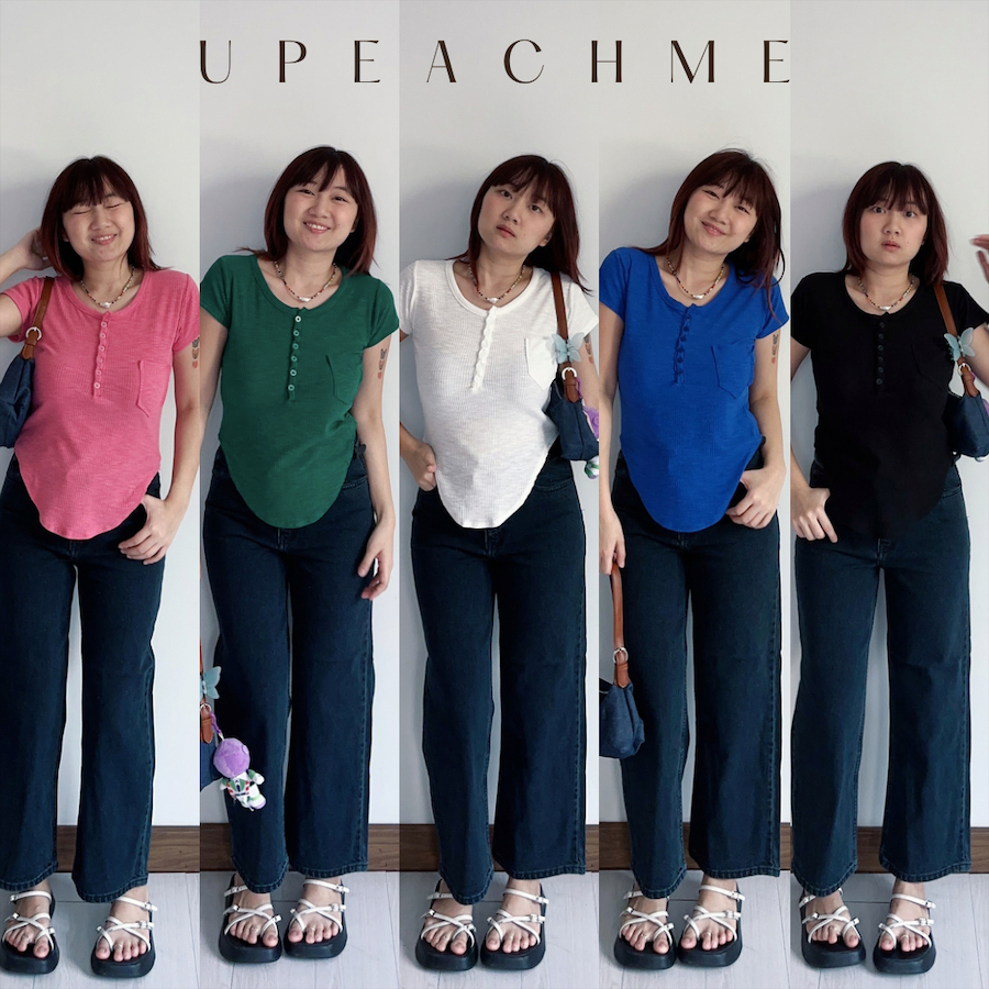 *มีส่งด่วน/ทันที* upeachme(B12) Luther Top เสื้อยืดคอกลมชายเสื้อรูปตัวยู มีกระดุมสีพื้นผ้าร่องใส่สบาย
