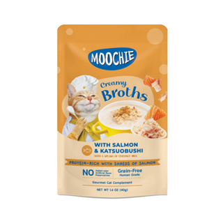 Moochie Creamy Broths มูชี่ ครีมมี่ อาหารเปียกสำหรับแมว รสแซลมอนและคัตซึบูชิ 40 g. x 16 ซอง